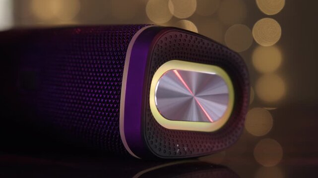 Musical audio column speaker with flashing color music on abstract background close-up