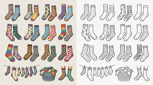A colorful and black and white illustration of various socks, including pairs hanging on a clothesline and a basket full of socks.