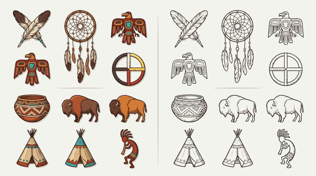 Collection of Native American cultural symbols and animals, presented in both color and outline versions.