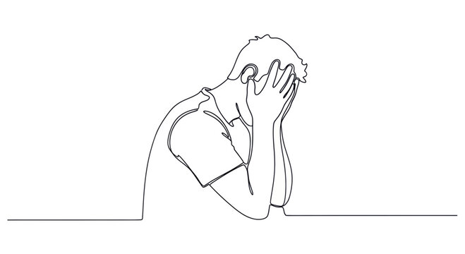 Man in despair, holding head in hands, single line drawing, emotional stress, mental health