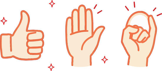 Fototapeta premium Cute cartoon hand gesture set featuring thumbs up, open palm high five and okay sign, red outlined doodle, perfect for social media stickers, messaging apps and emoji design assets.