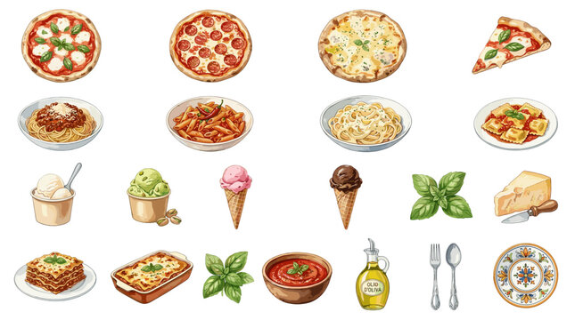 Italian food vector collection with pizza, pasta, lasagna, ice cream, basil, olive oil, cheese and utensils for restaurant menu design