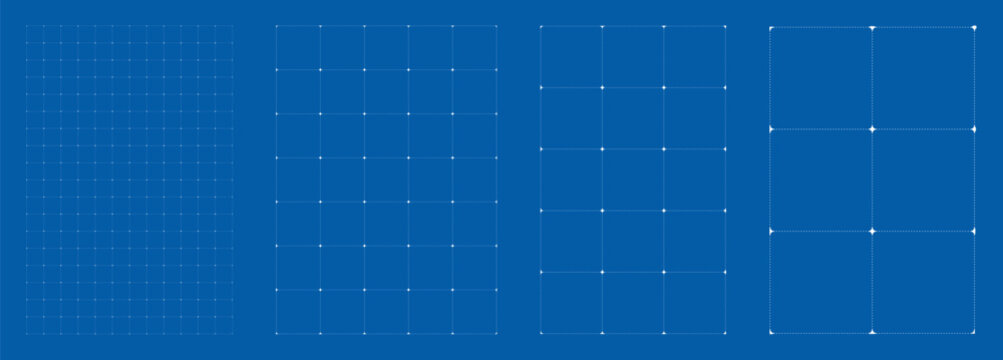 Blueprint grid set dashed line Star geometry, four scale variations. Wide medium dense micro spacing comparison, engineering layouts dashboards notebook pages interface planning technology graphics. 