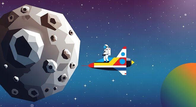 Pixel art astronaut rides colorful spaceship past large asteroid in starry galaxy, outer space adventure, retro game style