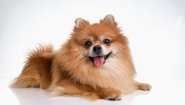 a pristine adult zwergspitz pomeranian orange brown coat lying relaxed on a brilliant white high key studio floor panting happily concept of pure canine companionship