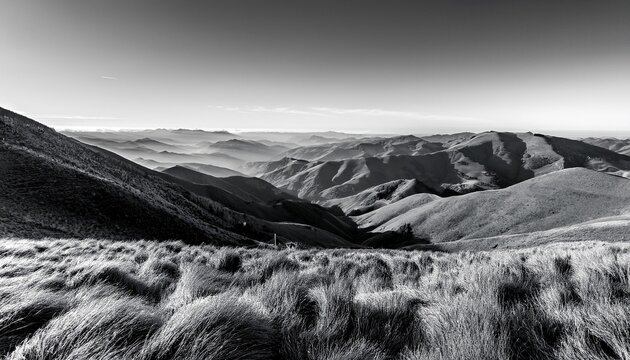 a serene landscape of rolling hills and majestic mountains viewed from a high vantage point in monochrome photography