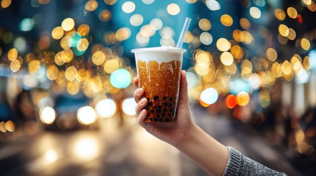 Close-up of bubble tea cup with tapioca pearls against glowing city lights at night. Modern drink culture, refreshing cold beverage concept