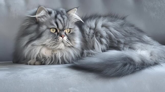Elegant Persian Cat Portrait - A fluffy gray cat lies gracefully on a soft surface showcasing its luxurious fur and captivating gaze for pet lovers and designers