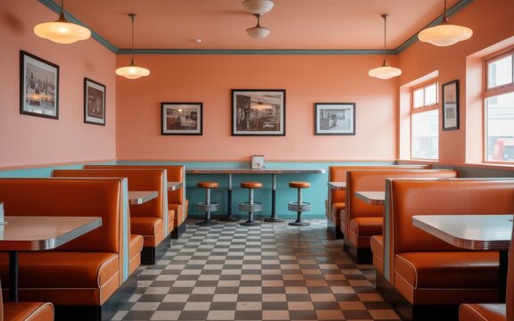 A retro styled diner interior with booths and tables in a restaurant