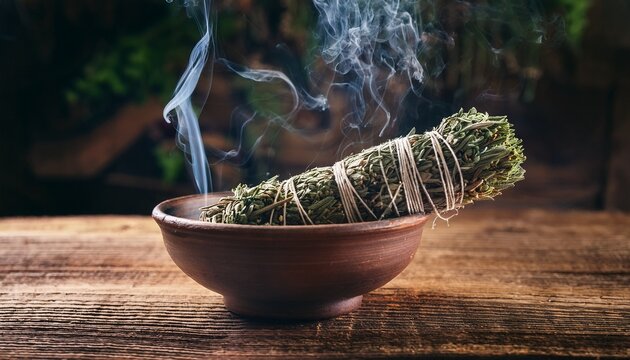 rauhnacht smudging ritual with smoldering herbs in bowl close up of smoking incense on rustic table spiritual cleansing practice traditional ceremony concept