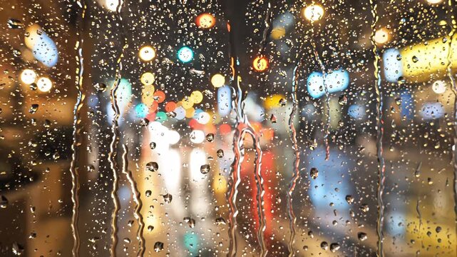 Raindrops sliding down a glass window at night with colorful blurred city traffic lights in the background creating a moody cinematic bokeh effect.