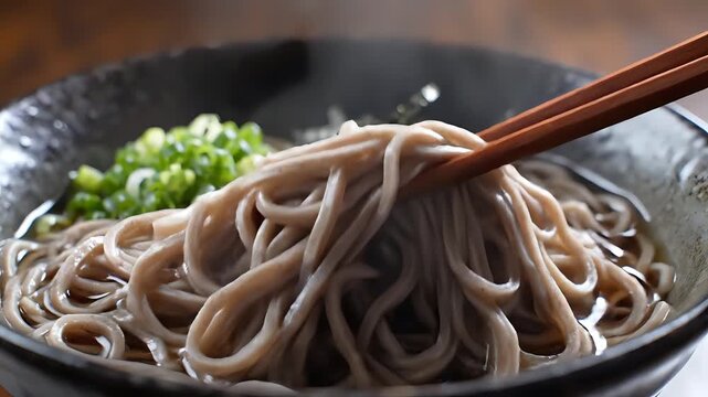 Delicious Soba Noodles in Broth with Green Onions.