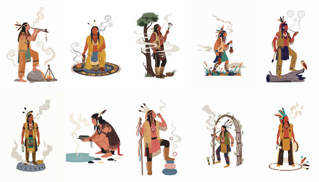 Set of Native American Men Performing Traditional Spiritual Rituals with Sacred Smoke, Peace Pipes, and Ceremonial Garments in Flat Illustration Style