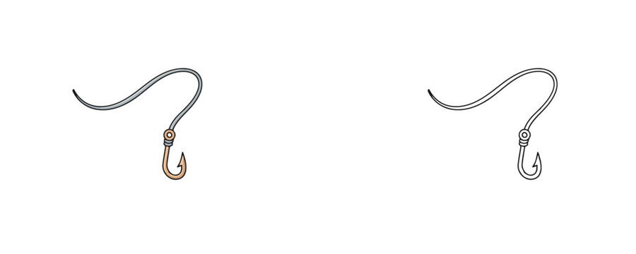 Fishing hook with line in flat colored and black line styles blue orange and white colors for angling equipment representation on white background