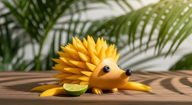 Ukiran buah mangga berbentuk landak kecil dengan hiasan blueberry dan jeruk nipis