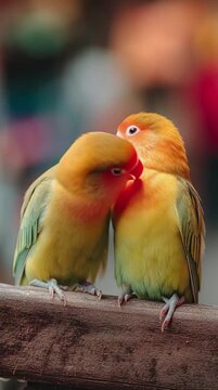 A charming pair of vibrant yellow and green lovebirds perched affectionately on a sturdy wooden branch, showcasing their beautiful bond in a warm, natural setting
