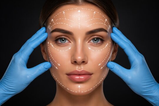 Concept of plastic surgery and cosmetology. Hands of doctor in blue medical gloves touching beautiful woman's face with white surgical markup lines. Dark background.
