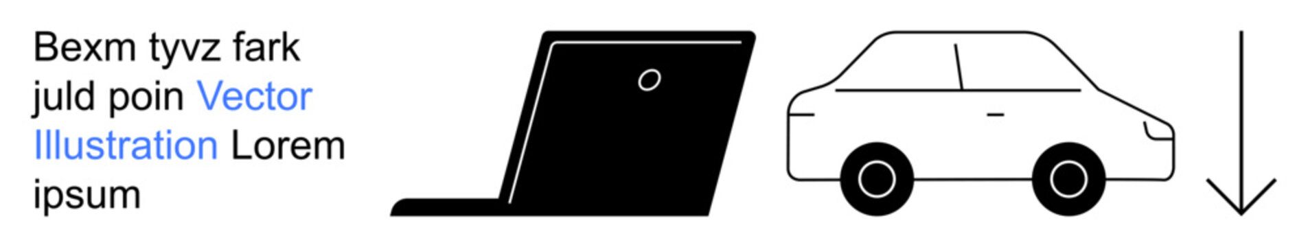 Technology, automotive, navigation, direction, transportation, workflow. Minimalistic graphics a laptop, a car outline and a down arrow. Technology and automotive concept with navigation relevance