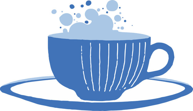 Hand-drawn vector of a bright blue striped teacup on a saucer with rising steam and bubbles, ideal for cafe branding, stationery design and food blog illustrations.