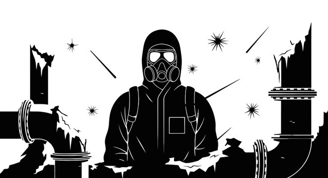 hazmat suit person inspecting an environmental disaster of industrial pollution and toxic waste wearing a gas mask amidst broken pipes.