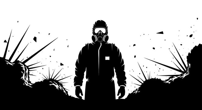 hazmat worker in protective gear stands on contaminated ground depicting asbestos danger and environmental risk.