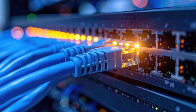 Close-up of Blue Network Cables Plugged into a Server Rack with Blinking Lights.