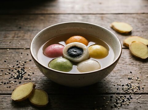 A close-up of traditional Chinese Tangyuan, colorful glutinous rice balls filled with black sesame paste, served in a warm, sweet ginger soup in a ceramic bowl on a rustic table.