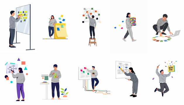 Collection of business people and developers working on project management, planning, brainstorming, and software development tasks in a flat illustration style.