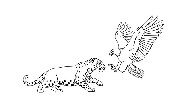 Majestic Eagle and Leopard Confrontation Depicted in Striking Monochrome Illustration.
