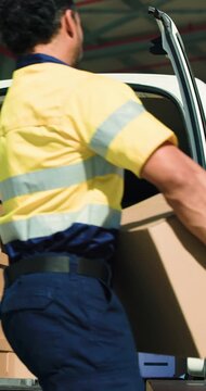 Box, logistics and packing van with man outdoor for delivery, distribution or shipping preparation. Courier, package and supply chain with person in factory parking lot for export or import of goods