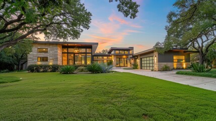 Obraz premium Modern home at sunset, lush landscaping