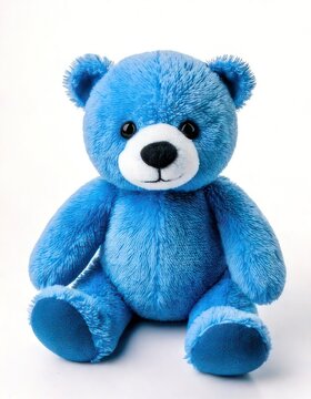 Fluffy Blue Teddy Bear Sitting Adorably on White Background.