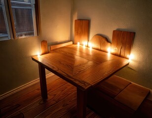 Fototapeta premium Romantic Dinner Table Setting with Candles and Wooden Furniture.