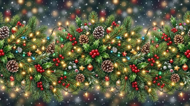 A festive Christmas garland adorned with pine cones, holly berries, and golden Christmas lights, set against a snowy, starry night background.