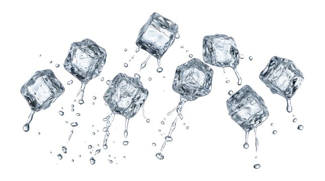 A sketch of six ice cubes falling, each with water droplets and liquid dripping from them, set against a white background.