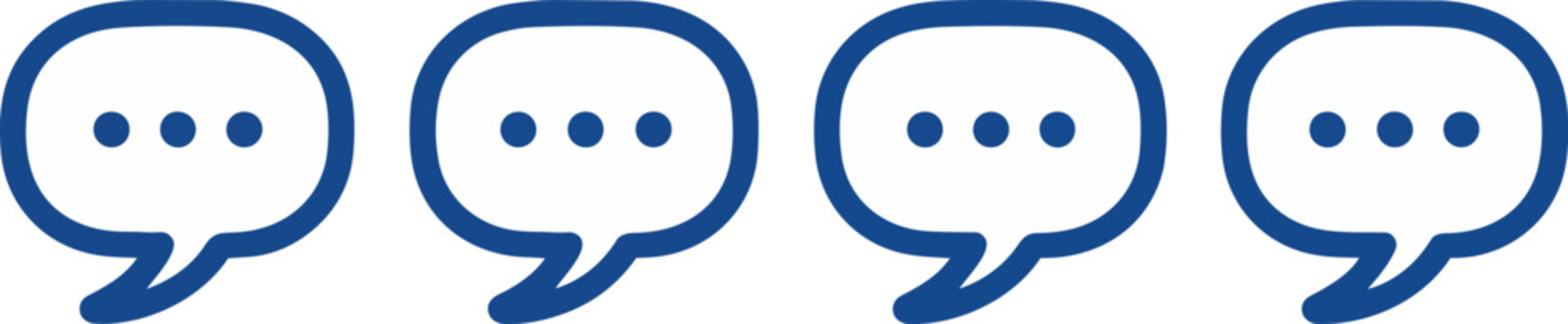 Row of bright blue outline speech bubble icons with typing ellipses on plain white background, ideal for messaging app UI, community forums and online customer support.