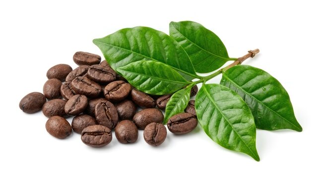 A pile of roasted coffee beans with green leaves attached, highlighting the natural and organic theme of coffee cultivation.