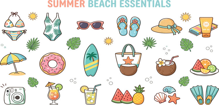 Colorful tropical summer beach essentials vector icon set with swimsuits surfboard coconut cocktail donut float sunglasses sun hat fruits and palm leaves.