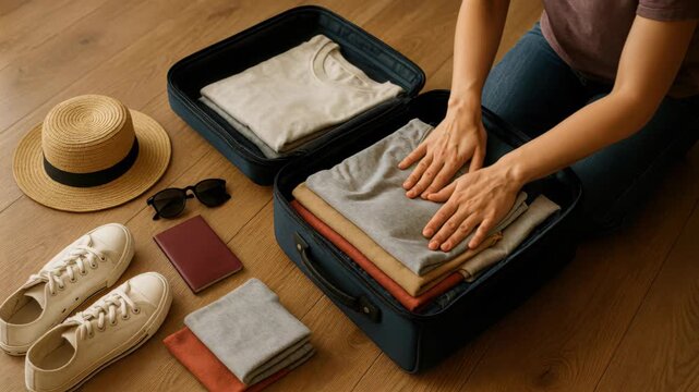 Packing for the Journey: A person meticulously organizes clothing and travel essentials inside an open suitcase, a pair of sneakers, a passport, sunglasses and a hat next to the suitcase.