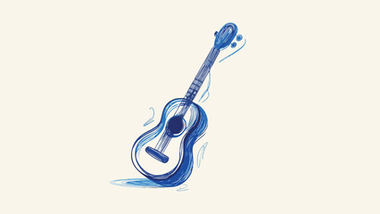 Naklejka premium Sketchy blue hand-drawn vector acoustic guitar with floating musical notes on cream background, ideal for music event flyers, hobby blogs and creative merchandise design.