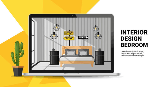 Laptop displaying modern bedroom interior design, digital concept