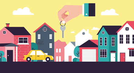 Fototapeta premium Hand holding keys to new house and car, real estate investment concept