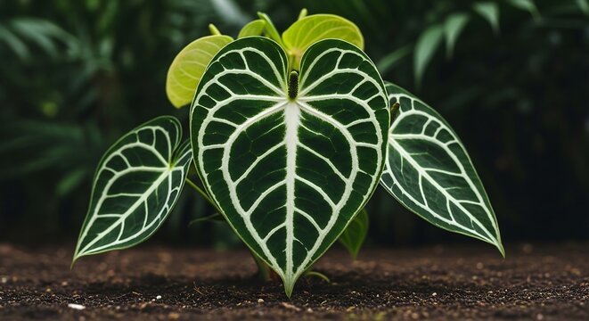 Anthurium Magnificum with velvet leaves on jungle soil, botanical photography for collector plant branding and luxury nature advertising