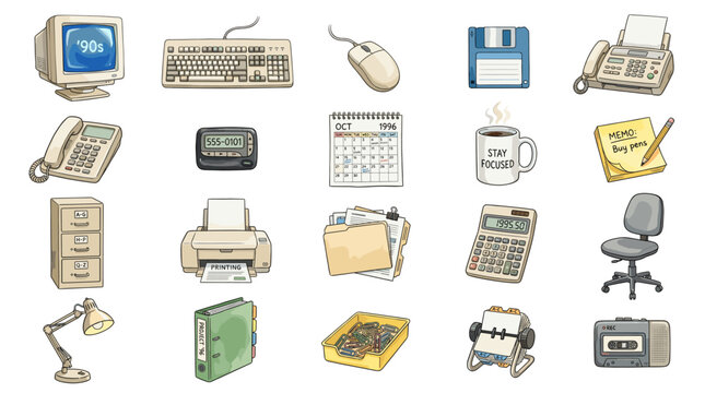 Vintage office equipment vector collection with computer, keyboard, fax, phone, printer, calculator and desk tools for retro workplace designs