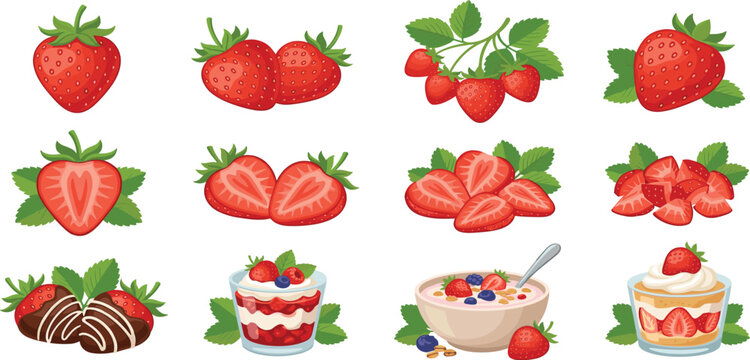 Fresh strawberry fruit vector collection featuring whole berries, slices, chocolate covered strawberries, yogurt parfait, muesli bowl, and sweet cream desserts.