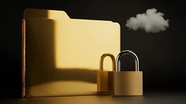 Cloud Data Security Concept with Golden File Folder Padlocks and Cloud Symbol Representing Digital Information Protection and Privacy