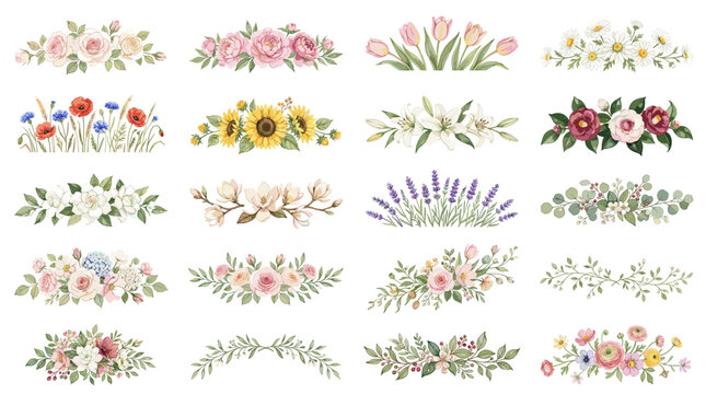 Watercolor floral border collection with delicate bouquets, leaves, wreaths, sunflowers and pastel botanical elements for invitations and cards