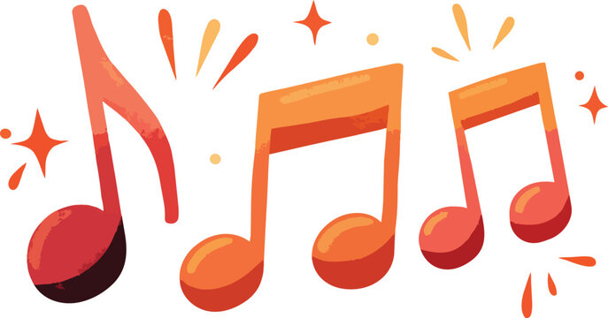Vibrant gradient red and orange musical notes with decorative sparkles and burst accents on a white background, concept for music streaming promotion, concert advertising and podcast branding.