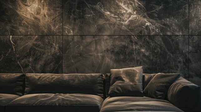 Modern lounge area with dark marble wall