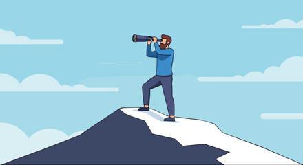 Obraz premium A man with a beard looking through a telescope atop a mountain, vector illustration, perfect for business planning, vision statements, and leadership concepts.